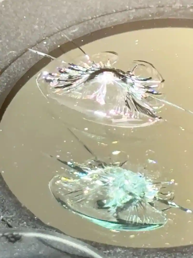 Two small windshield rock chips before repair viewed through inspection mirror.